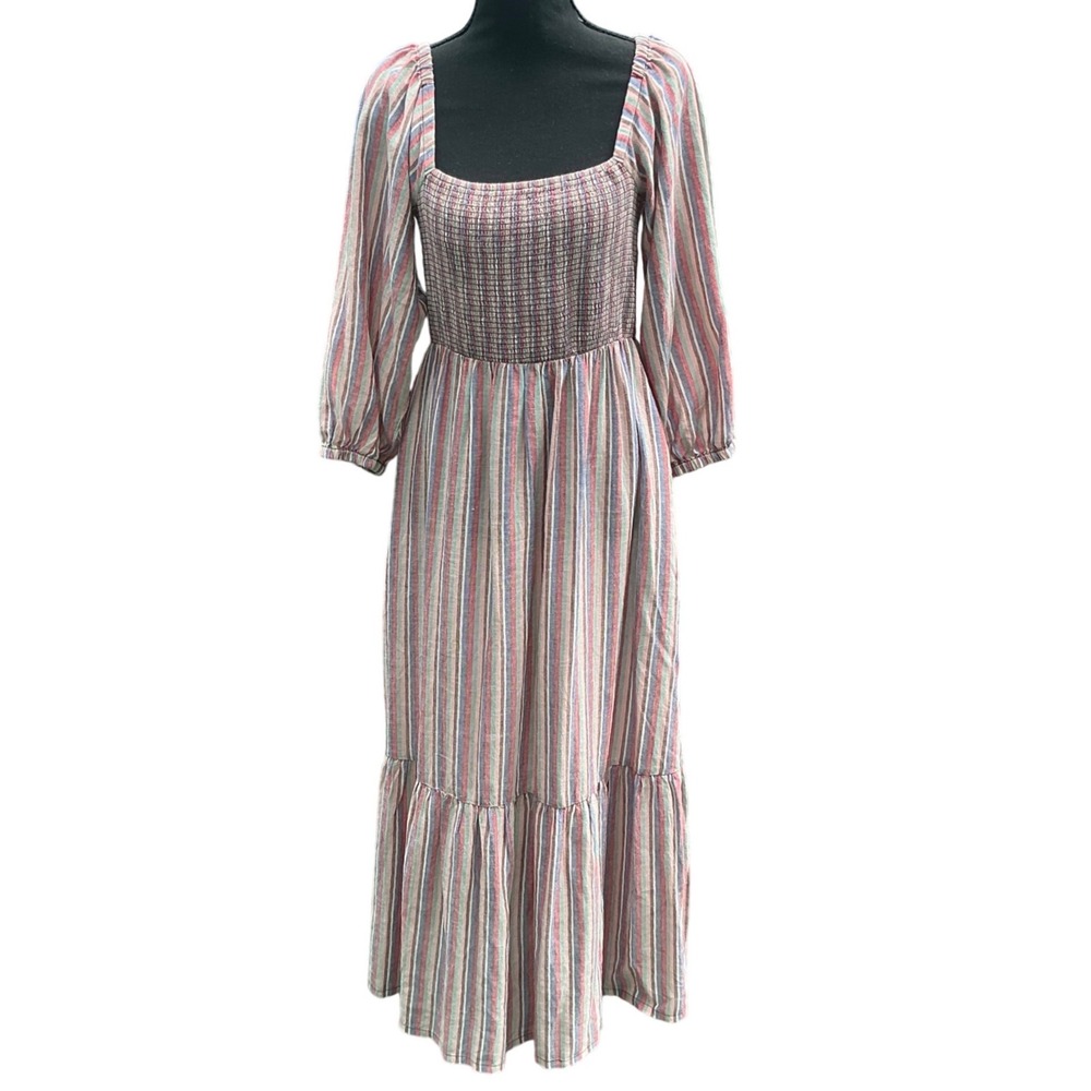 Marine Layer Smocked Midi Dress Striped Tencel Linen Cotton Multi Color Size M